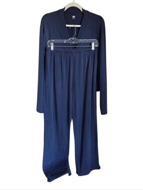 lunya slumberknit long sleeve matching cardigan pant set deep blue size M